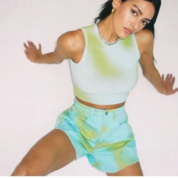 Weworewhat Shorts Flare Bell Denim Blue/Green Tie Dye. NWT. Size 26 - Picture 1 of 11
